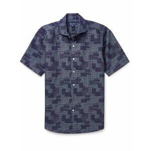 Peter Millar M Banks Jacquard S/S Shirt Blue Patchwork $200 NWT
